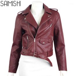 Women's Leather & Faux Wholesale- Saimishi Fashion Short PU Motorcycle Jacket 2021 Spring Autumn Long Sleeve Zipper Women Coats Female Slim