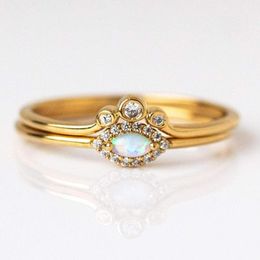 Wedding Rings 2 Pcs Delicate Dainty Women Small Cute Ring Set Gold Filled Cz Opal Stone Tiny Engagement