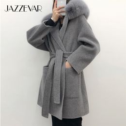 Jazzevar inverno jaqueta casual mulheres raposa raposa casaco cashmere deitados de lã outerwear senhoras casacos com capuz de grandes dimensões 201216