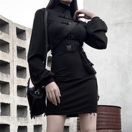 Rosetic Short Bandage Goth Dress Women Gothic Punk Belt Long Sleeve Streetwear Black Mini Vestidos Casual Dresses Spring 2020 LJ200820