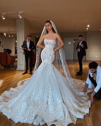 New Sexy Arabic Mermaid Wedding Dresses Strapless Backless Corset Lace Up Back Sleeveless Bridal Gowns Chapel Train Vestido De Noiva