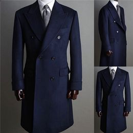 Navy Blue Woollen Mens Long Coat Jacket Winter Groom Double Breasted Wedding Tailored Party Prom Business Blazer Only One Piece285B