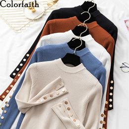 Colorfaith New Autumn Winter Women's Sweaters O-Neck Bottoming Button Knitting Tops Minimalist Korean Style Solid SW063 201111