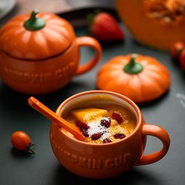 300/500/800ml Creative Pumpkin Coffee Mugs Ceramic Milk Cup With Lid Breakfast Oatmeal Yoghourt Mug Funny Halloween Gifts For Kids Y201006