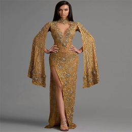 gold crystal designer sheath evening dress high neck sexy highsplit prom dress long sleeves sweep train custom made robe de soire