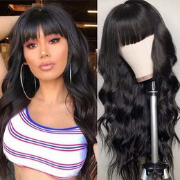 Lace Wigs Long Black Loose Wavy Synthetic No Lace Wigs Neat Bangs Heat Ristant Wig Hair Replacement Natural Looking Wig for Women Daily Wear