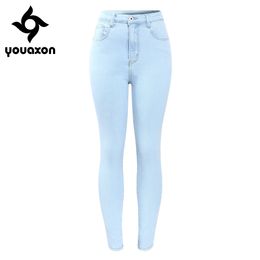 2182 Youaxon Brand New Arrival High Waist Jeans Woman Stretchy Women`s Jeans OL Ladies Pencil Denim Pants Femme 201105