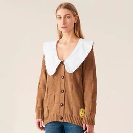 Irregular Brown Oversize Cardigan Women Turn Down Collar Plaid High Low Knitted CHristmas Sweater Coat Streetwear 210218