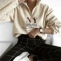 Zipper Turtleneck Letter Print USA Vintage Sweatshirts Loose Fashion Women Girls Pullovers Plus Size Warm Cotton Autumn New 201212