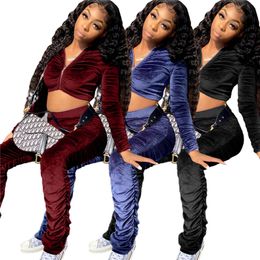 Fall winter Women velour tracksuits jogger suit long sleeve outfits jacket crop top+stack pants two piece set plus size S-2X sweatsuits 4332