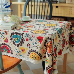 Classical Cotton Linen Tablecloths Rectangle Sunflower Printing Table Cloth with Lace Dustproof Table Covers for Wedding Home 201120