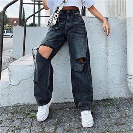 Ripped Women Jeans Wide Leg Long Pants Ladies Black Jeans Fashion Loose High Waist Vintage Denim Pants Hole Korean Women Trouser 201223