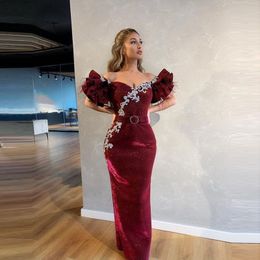 Burgundy Velvet Off the Shoulder Formal Evening Dress Short Sleeves Plus Size Prom Dress African Formal Vestidos