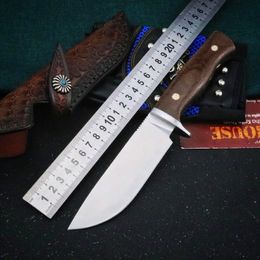 Outdoor Survival Straight Hunting Knife M390 Satin Drop Point Blades Full Tang Linen Handle Fixed Blade Knives With Leather Sheath