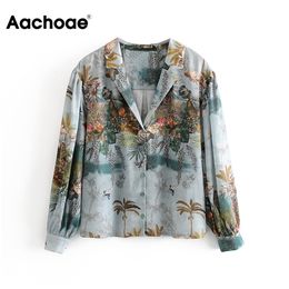 Aachoae Women Casual Floral Print Satin Blouse Casual Loose Tops Ladies Turn Down Collar Lantern Long Sleeve Vintage Shirt Blusa LJ200812