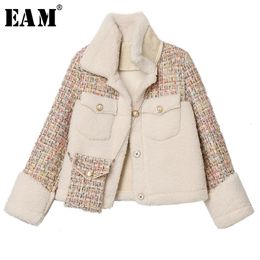 [EAM] Loose Fit Lambswool Tweed Split Short Jacket New Lapel Long Sleeve Women Coat Fashion Tide Spring Autumn 1K553 201026
