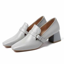 new fashion brand buckle belt slip on full grain leather chunky heels slip on square toe runway mature women pumps