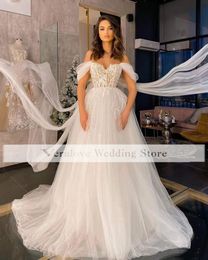 Off Shoulder Beach Boho Wedding Dress A line Illusion Summer Bridal Party Gowns Soft Tulle vestidos de novia