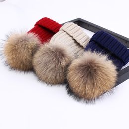 New Raccoon Fur Ball Cap Pom Poms Winter Hat for Women Knitted Hat Girl Knitted Beanies Cap Thick Warm Female Girls Pompom Cap Y201024