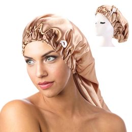 New Long Satin Bonnet Sleep Cap with button High Elastic Hair Band Night Cap Hair Care Bonnet Nightcap for Women Men Chemo Cap beanies