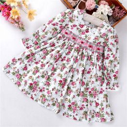 sppring baby girls dresses flower smocking hand made long sleeve cotton peter pan collar children clothing LJ200923