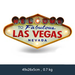 Las Vegas Welcome Neon Sign for Bar Vintage Home Decor Painting Illuminated Hanging Metal Signs Iron Pub Cafe Wall Decoration Y200108