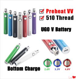 UGO V 650 900mAh Variable Voltage Battery Ego EVOD Micro USB Pass through Bottom Charge 510 thread Vape Preheat VV Battery