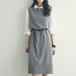 Pullover vest dress New Autumn Winter long Knitted Women Sweaters vest Sleeveless Warm Sweater Casual Solid Vestido with belt 201109