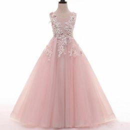 Pink Tulle Lace Transparent A Line Fairy Princess Pageant Flower Girl Dress Kids Birthday Beads Wedding Bridesmaid Gown Appliques Backless