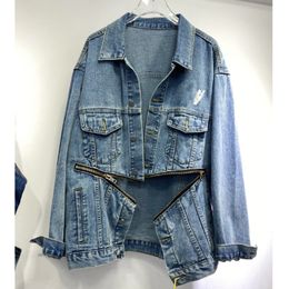 [EWQ] Autumn Denim Tops Women Coat Blue Denim Coat Zipper Split Jean Jacket Long Sleeve Loose Casual Jean Coat Irregular 201112