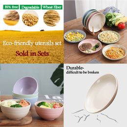 4 PCS Dinnerware Sets Wheat Straw Bowl Plates Eco-friendly Tray Food Dessert Container Kitchen Storage Utensil 201217