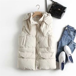 Casual Solid Colour Women's Vest Cotton Hooded Thicken Down Coat Sleeveless Winter Vests For Women 201211