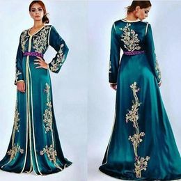 Caftans Abayas Maxì Teal Blue Evening Formal Dresses with Long Sleeve 2022 Luxury Gold Lace Applique Arabic Occasion Prom Gowns