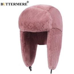 BUTTERMERE Fur Caps Women Bomber Hats Pink Winter Hat Russian Female Thicker Warm Solid Soft Windproof Ear Flap Ushanka Hat Y200102