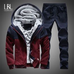 Men Warm Fashion Sporting Thick Suit Patchwork Zipper Hooded Sweatshirt +Sweatpants Mens 2 Pieces Sets Slim Tracksuit 201201