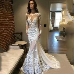 Classy Berta Mermaid Backless Wedding Dresses See Through Bateau Neck Long Sleeves Sexy Lace Bridal Gowns Tulle robes de mariée