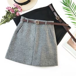 2020 Spring New Arrival Vintage Temperament High Waist A-line Office Skirts Womens With Belt Woolen Mini Skirt Free Shipping LJ200820