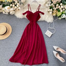 Neploe Dress Women Summer 2021 Solid V Neck Long Ruffle Party Dresses Off Shoulder Chiffon Maxi Female Holiday Vestidos 1A1331 Y0118