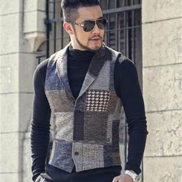 Spring Stitching Retro Patch Plaid Woollen Casual Slim Waistcoat for Men Wedding European Style Brand Men's Suit Vest M242 Y201026