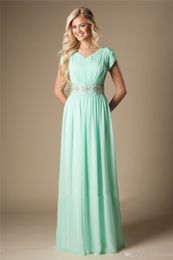 Mint Beaded Chiffon Modest Bridesmaid Dresses With Cap Sleeves Long A-line Wedding Guests Dresses Formal Evening Maids of Honour Dresses