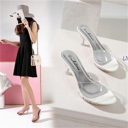 PVC Slippers Fashion Sexy High Heeled 6.5CM Women Sandals Clear Heels Open Toe Mules Transparent Female Party Shoes Y200628