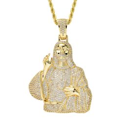 Yellow Gold Plated Bling CZ Diamond Stone Christ Juses Pendant with 24inch Rope Chain Hip Hop Jewellery for Men Women Hot Gift