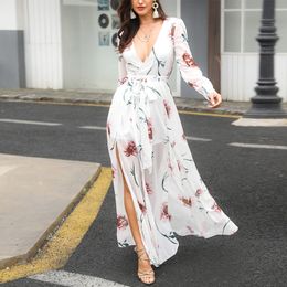 2019 Long Summer Floral Maxi Dress Women Flower Print Casual Split Beach Dress Ladies Elegant Vintage Boho Party Dresses Y0118