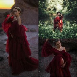 Dark Red Off Shoulder Pregnant Women Sleepwear Maternity Dress Plus Size Tiered Ruffles Nightgowns Photoshoot Robes