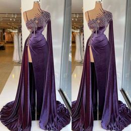 Фиолетовый блестящий бисером русалка платья выпускного вечера одно плечо формальное платье плюс размер длиной пола с бисером боковых вечерних платьев