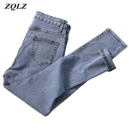 Zqlz Pantaloni a matita skinny blu a vita alta Jeans donna taglie forti Bottone donna con ammorbidente per cerniera Pantaloni mamma denim 201030