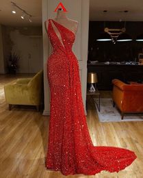 red bling bling New Arrival one shoulder Red Mermaid Prom Dresses ruched 2020 High side Split Formal Evening Gowns robe de soiree