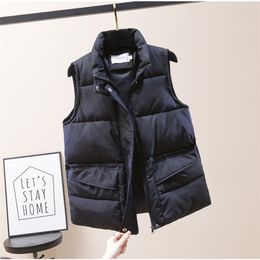 Women's Winter Vest Short Style Solid Plus Size Sleeveless Jacket Cotton Padded Thick Casual Covered Button Loose Outwear 201211