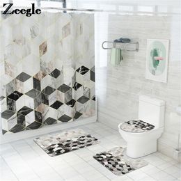 Marble Pattern Shower Curtain with Bath Mat Set Microfiber Toilet Carpet Bathroom Floor Mat Washable Toilet Seat Cover Mat 201211