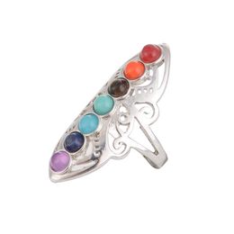 Natural Stone Alloy Band Rings Men Women Plate With Silver Ring Colorful Energy Stone Personality